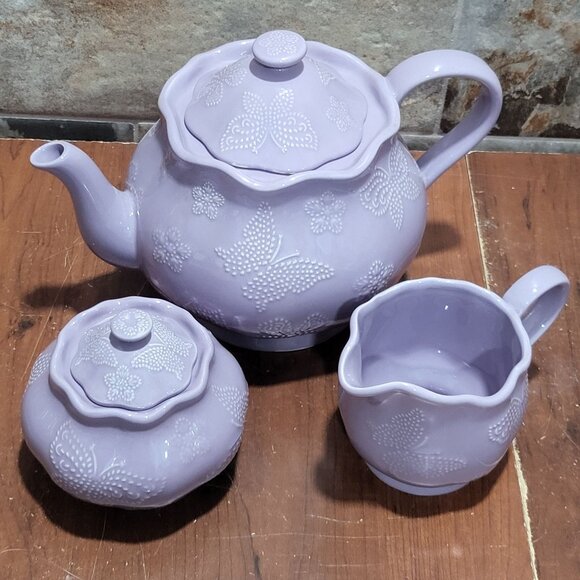 Temptations Lavendar Lilac Tea Set Teapot Sugar Bowl Creamer Embossed Butterfly - Picture 13 of 15
